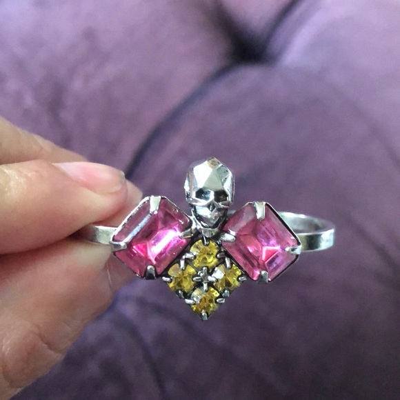 2 Ring Skull Pink & Yellow Swarovski Crystal Ring - Picture 5 of 6